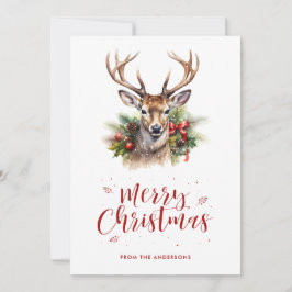 Watercolor Deer Stag Holly Nieve Feliz Navidad
