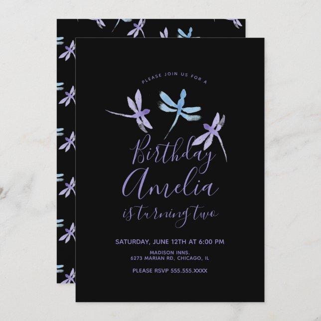Watercolor Dragonfly Purple Black Birday Party (Anverso / Reverso)