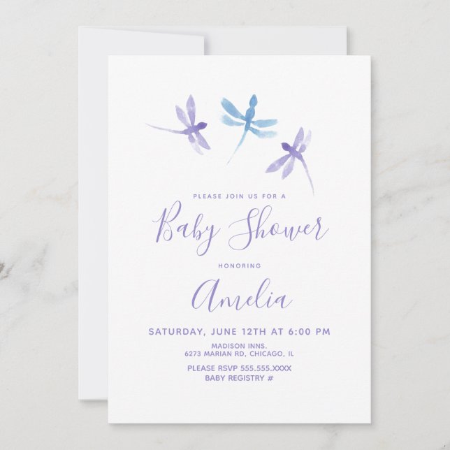 Watercolor Dragonfly Purple Blue Baby Shower (Anverso)