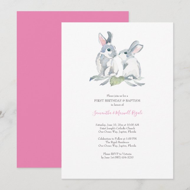 Watercolor Easter Bunny Invitaciones a Chicas Cump (Anverso / Reverso)