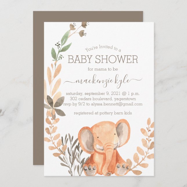 Watercolor Elephant Boho Safari Baby Shower (Anverso / Reverso)
