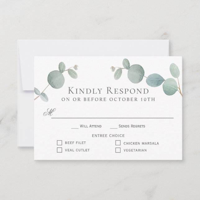 Watercolor Eucalyptus Greenery RSVP con 4 árboles (Anverso)