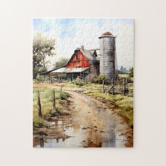 Watercolor Farmhouse con el rompecabezas de Silo (Vertical)