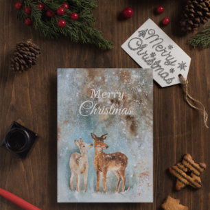 Watercolor Feliz Navidad Invierno Nieve Fawn Deer
