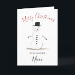 Watercolor Feliz Navidad Snowman Niece<br><div class="desc">Feliz tarjeta de sobrina de Navidad. Acuarela,  muñeco de nieve,  árbol de Navidad,  no foto,  carta tradicional. Por favor,  personalícelo con sus detalles.</div>