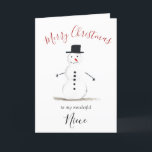 Watercolor Feliz Navidad Snowman Niece<br><div class="desc">Feliz tarjeta de sobrina de Navidad. Acuarela,  muñeco de nieve,  árbol de Navidad,  no foto,  carta tradicional. Por favor,  personalícelo con sus detalles.</div>