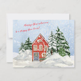 Watercolor Feliz Navidad y acogedora casa con niev