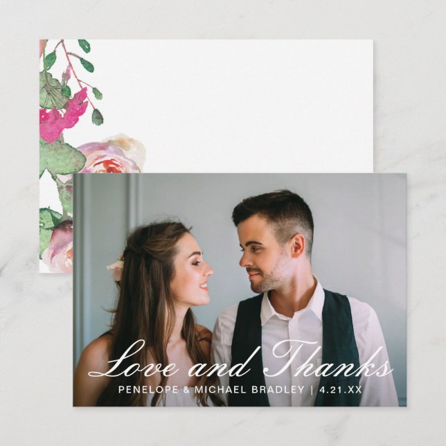 Watercolor Floral Boda Foto Tarjeta de agradecimie (Anverso / Reverso)