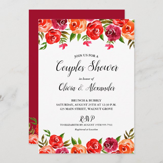 Watercolor Floral Boda Parejas Ducha Invitación (Anverso / Reverso)