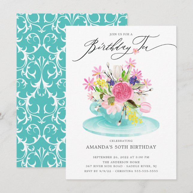 Watercolor Floral Bouquet Birthday Tea Invitación (Anverso / Reverso)