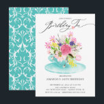 Watercolor Floral Bouquet Birthday Tea Invitación<br><div class="desc">Hermoso ramo de flores rosa,  morado y blanco en una taza de té azul sobre un fondo gris para un fiesta de té de cumpleaños.  Invierta nuestra invitación para ver un damasco blanco de coordinación de nuevo para un toque especial.</div>