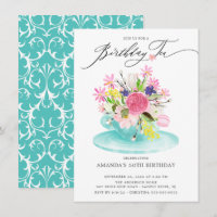 Watercolor Floral Bouquet Birthday Tea Invitación