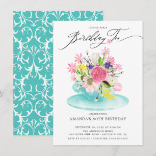 Watercolor Floral Bouquet Birthday Tea Invitación