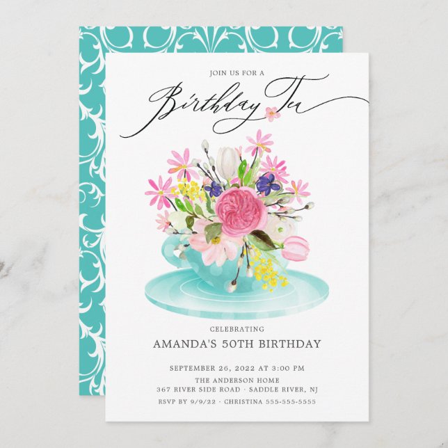 Watercolor Floral Bouquet Birthday Tea Invitación (Anverso / Reverso)