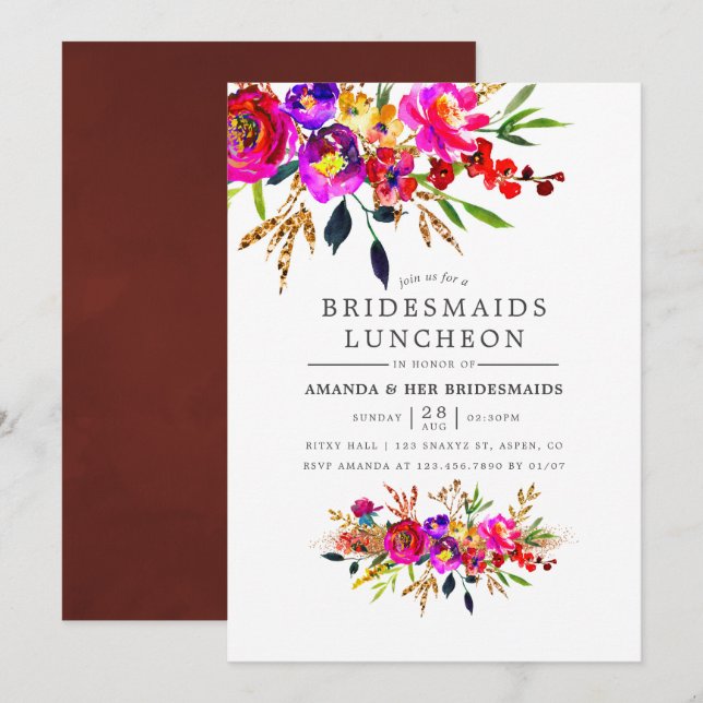 Watercolor Floral Bridesmaids Invitación al almuer (Anverso / Reverso)