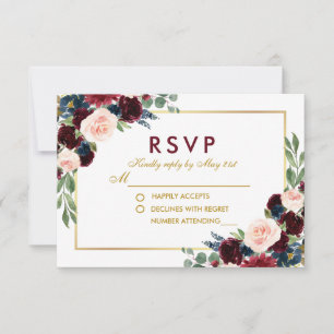 Watercolor Floral Burgundy Blue Gold Wedding RSVP