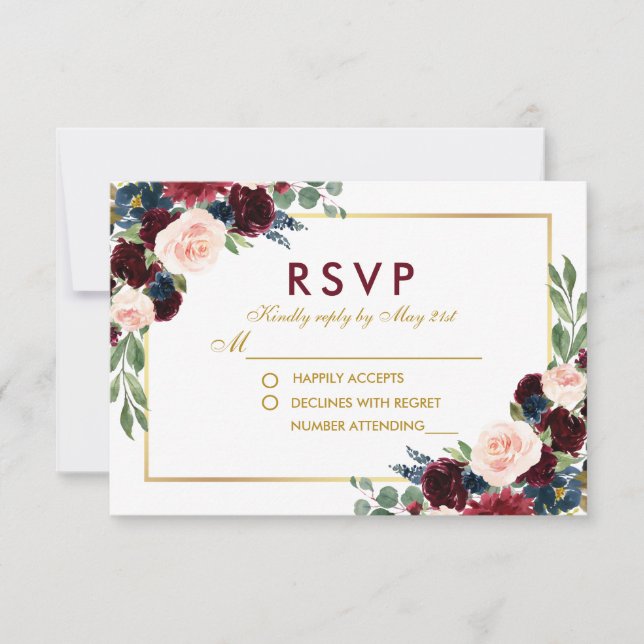 Watercolor Floral Burgundy Blue Gold Wedding RSVP (Anverso)