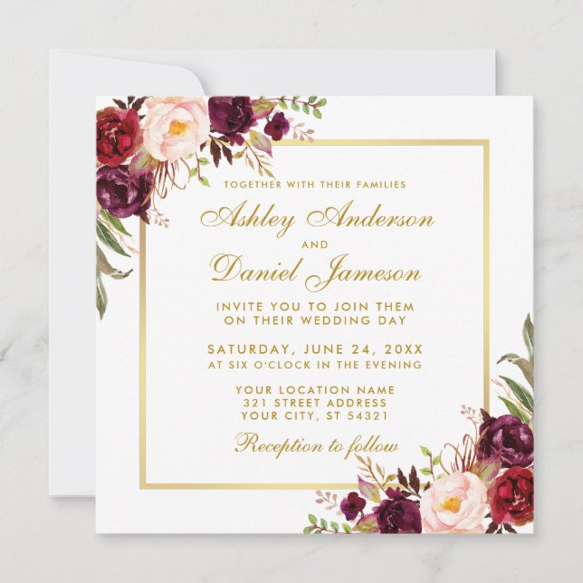 Watercolor Floral Burgundy Gold Card Tarjeta S (Anverso)