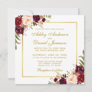 Watercolor Floral Burgundy Gold Card Tarjeta S