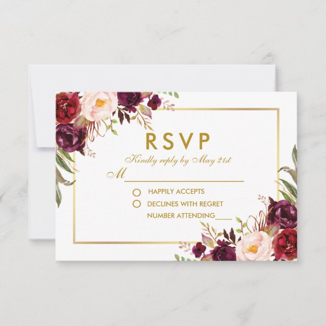 Watercolor Floral Burgundy Gold Wedding RSVP (Anverso)