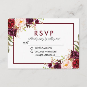 Watercolor Floral Burgundy Wedding RSVP