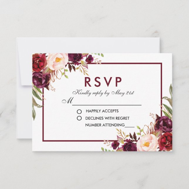 Watercolor Floral Burgundy Wedding RSVP (Anverso)
