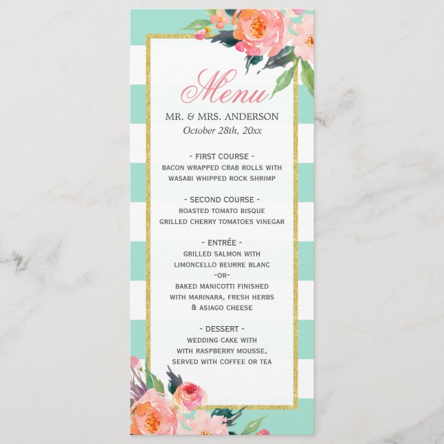 Watercolor Floral Mint Green Stripes Menú Boda (Anverso)