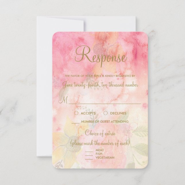 Watercolor Floral Pink Formal Wedding RSVP Respues (Anverso)