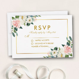 Watercolor Floral Pink White Gold Wedding RSVP