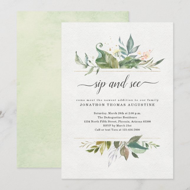 Watercolor Floral Sip y Ver Invitación (Anverso / Reverso)