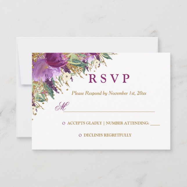 Watercolor Floral Sparkling Amethyst Wedding RSVP (Anverso)