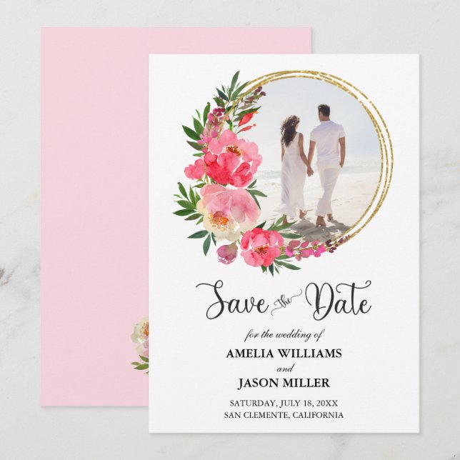 Watercolor Floral Wedding Save the Date (Anverso / Reverso)