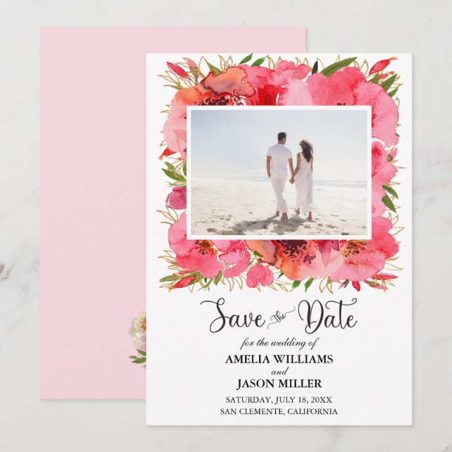 Watercolor Floral Wedding Save the Date (Anverso / Reverso)