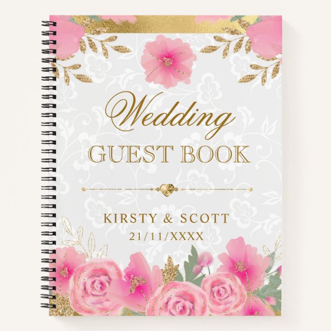 Watercolor Flores rosas Boda Libro de invitados (Anverso)