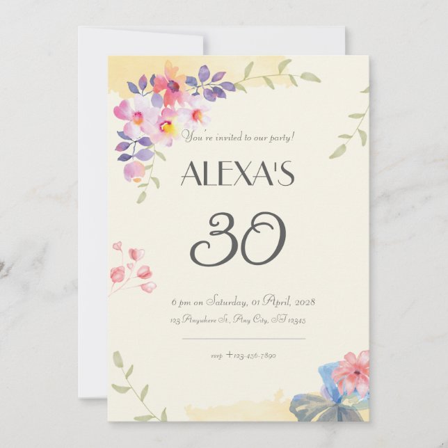 Watercolor Flower invitación para cumplir 30 años (Anverso)