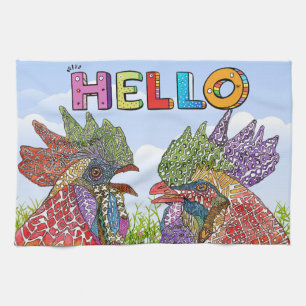Watercolor Funny Farm Chicken Hello Kitchen Toalla