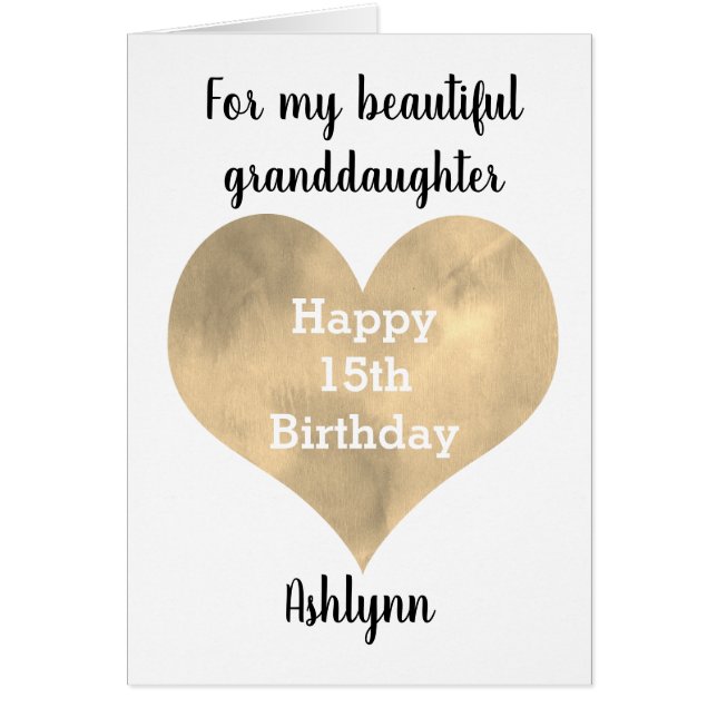 Watercolor Gold Heart 15th Birthday Grandchild (Frente)