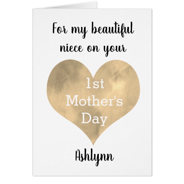 Watercolor Gold Heart Happy 1st Mother's Day Niece (Frente)
