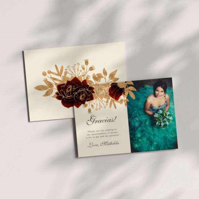 Watercolor Gold Rosas Quinceanera Gracias Tarjeta (Subido por el creador)