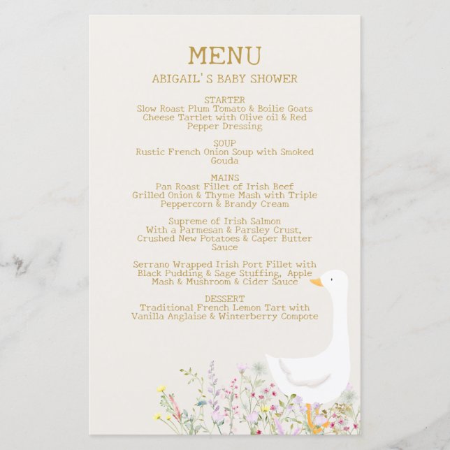 Watercolor Goose Duck Wildflower Menú Baby Shower (Anverso)