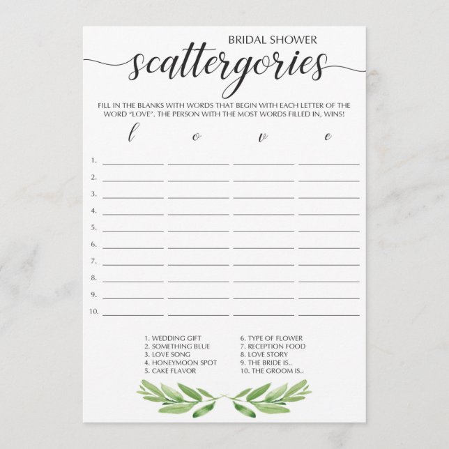 Watercolor Green Leaf Bridal Scattergories Game (Anverso)