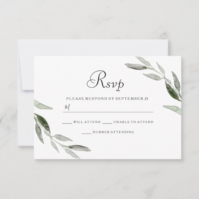 Watercolor Green Leaf Modern Wedn RSVP (Anverso)