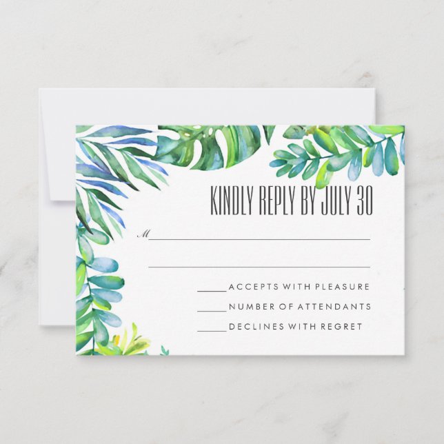 Watercolor Green Leaves Greenery Wedding RSVP (Anverso)