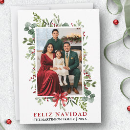 Watercolor Greenery Feliz Navidad Red Bow