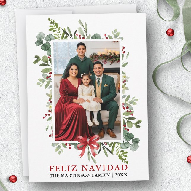 Watercolor Greenery Feliz Navidad Red Bow (Customize to add text to back of card.)