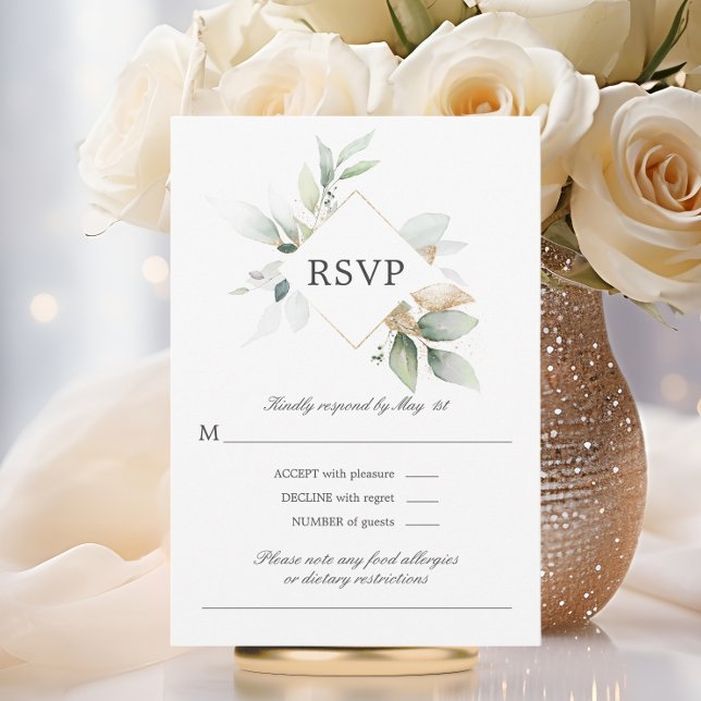Watercolor Greenery Gold Leaves Boda Tarjeta RSVP (Watercolor Greenery Gold Leaves Wedding RSVP Card)