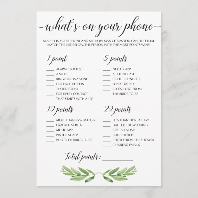 Watercolor Greenery Leaf Bridal Shower Juego de te (Anverso)