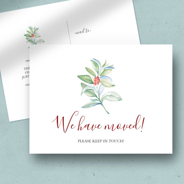 Watercolor Hemos movido la postal de los Navidades (Christmas new address cards watercolor botanical red & green art by Victoria Grigaliunas )