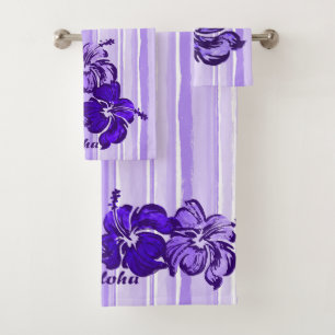 Watercolor Hibiscus Hawaiian Stripe - Purple
