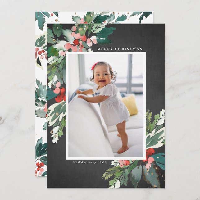 Watercolor Hollies Chalkboard Feliz Navidad (Anverso / Reverso)